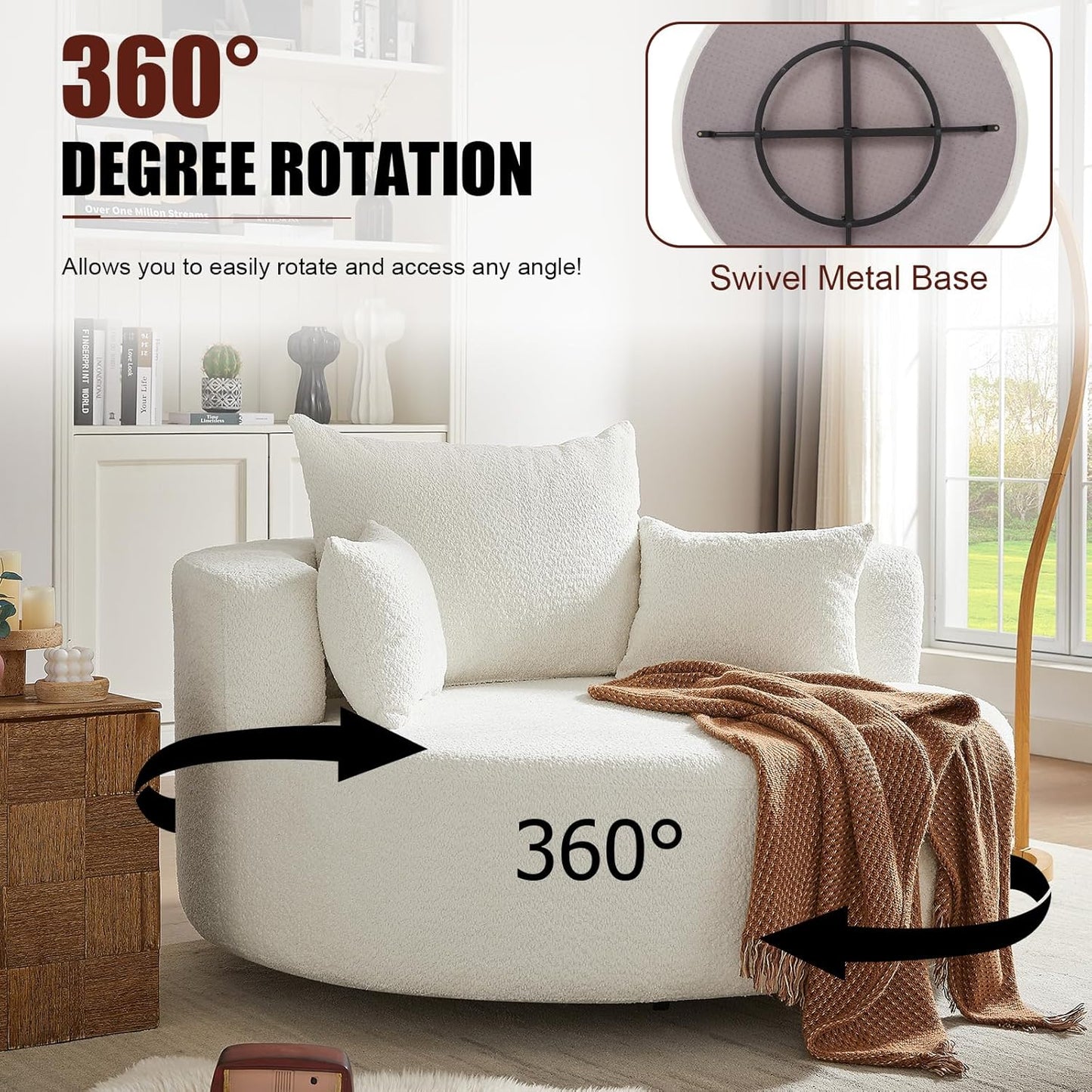 55"W Oversized Round Swivel Accent Barrel Chair,360° Rotating Upholstered Chenille Chaise Lounge Sofa Chair with Wide Armrests&Pillows,Large Modern Comfy Armchair for Living Room,Bedroom,Office(Beige)