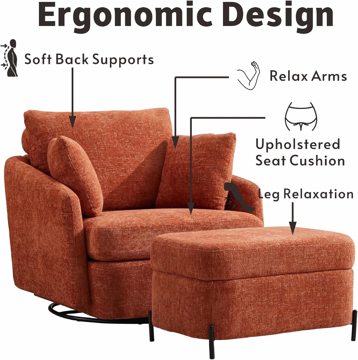 Sinzho & Wiyfun Oversized Swivel Accent Chair with Ottoman Upholstered Large Chenille Arm Chair with 3 Pillows for Living Room, Orange