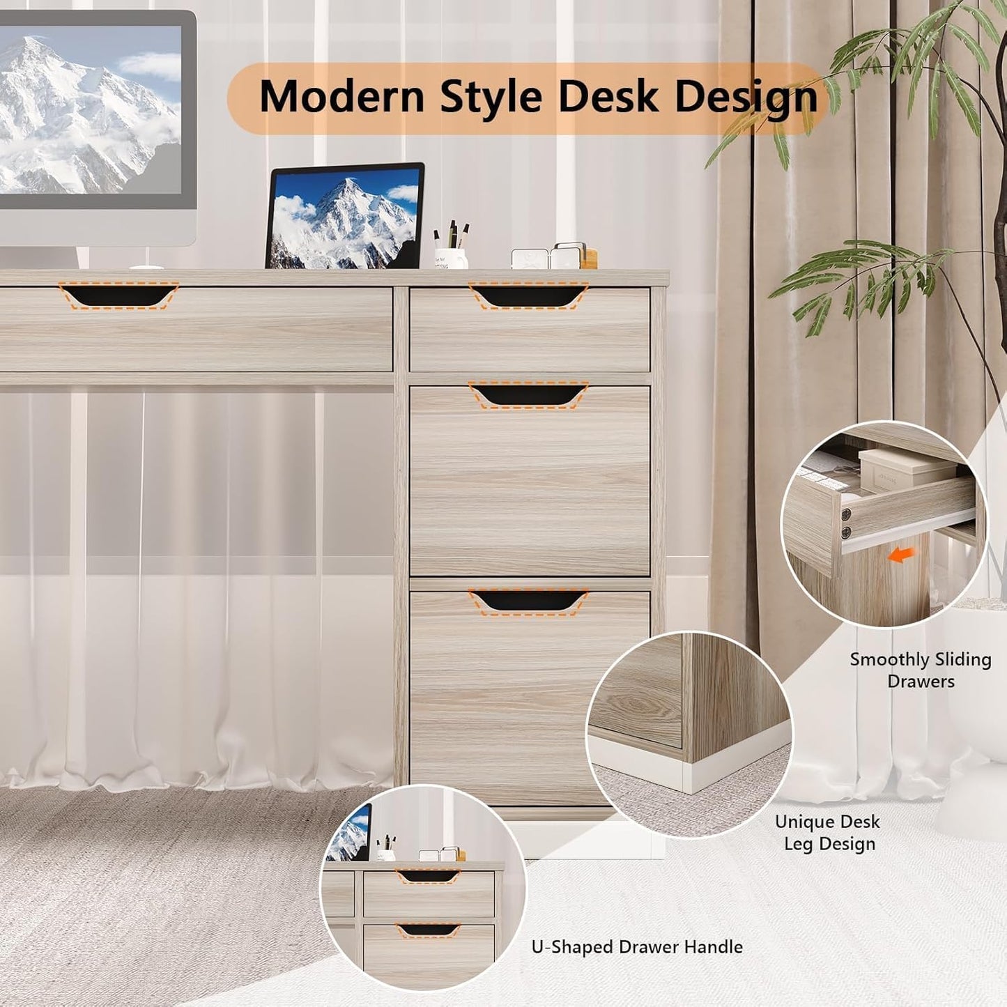 54 Inch Computer Desk with Storage Drawers, Executive Desk with 7 Drawers for Bedroom, Office Desk with File Cabinet for Work Study Writing, Small Spaces, White and Walnut