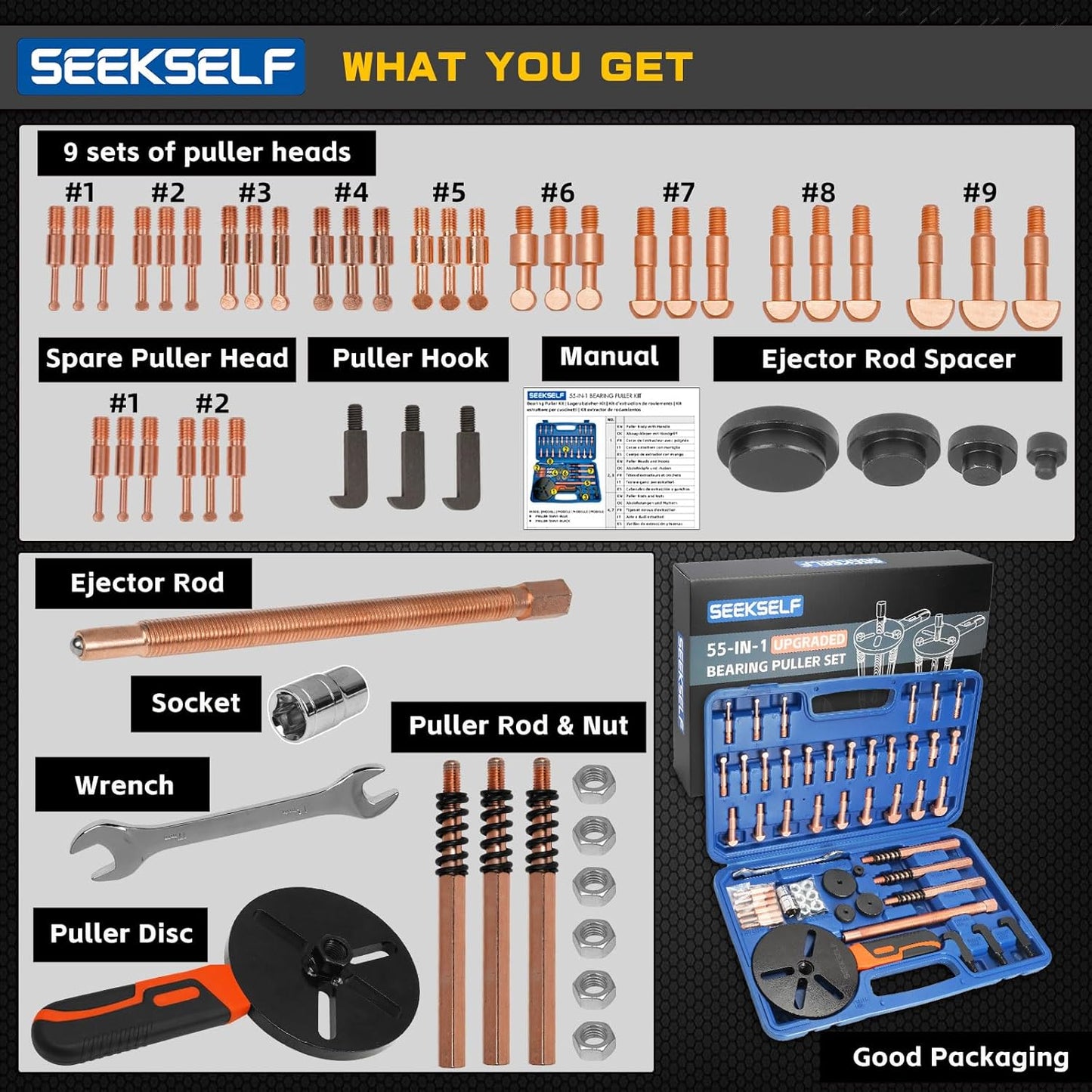 55-in-1 Bearing Puller Kit, Blind Hole Bearing Puller Set, Inner Outer Bearing Separator Tool Internal External Bearing Removal Gear Splitter Pull Tool, Blue Storage Box