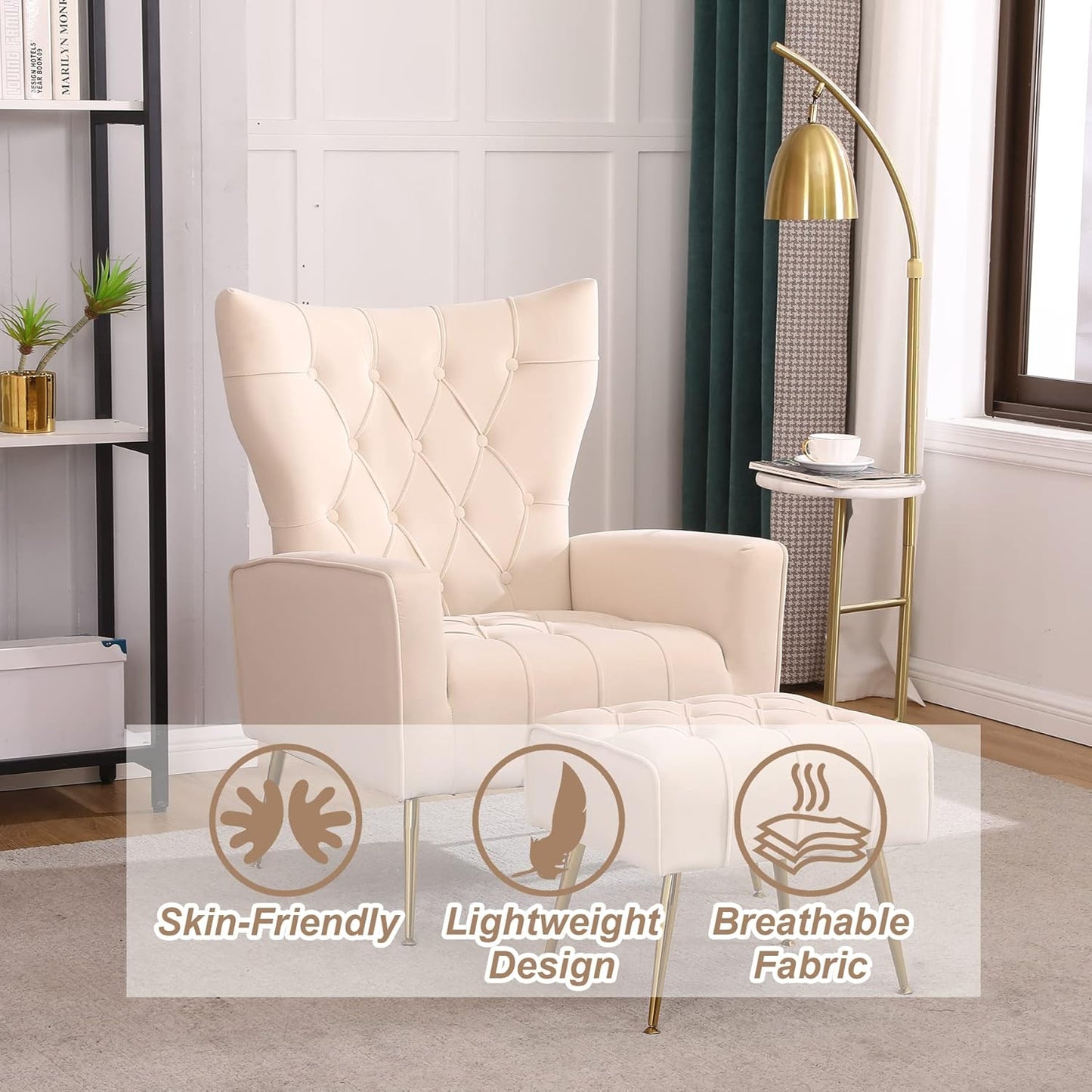 Accent Chair with Ottoman Set of 2, Comfy Chair and Ottoman Set, Upholstered Tufted Lounge Chair with Wide Seat Footrest, Reading Armchair for Living Room Bedroom, Beige,Velvet