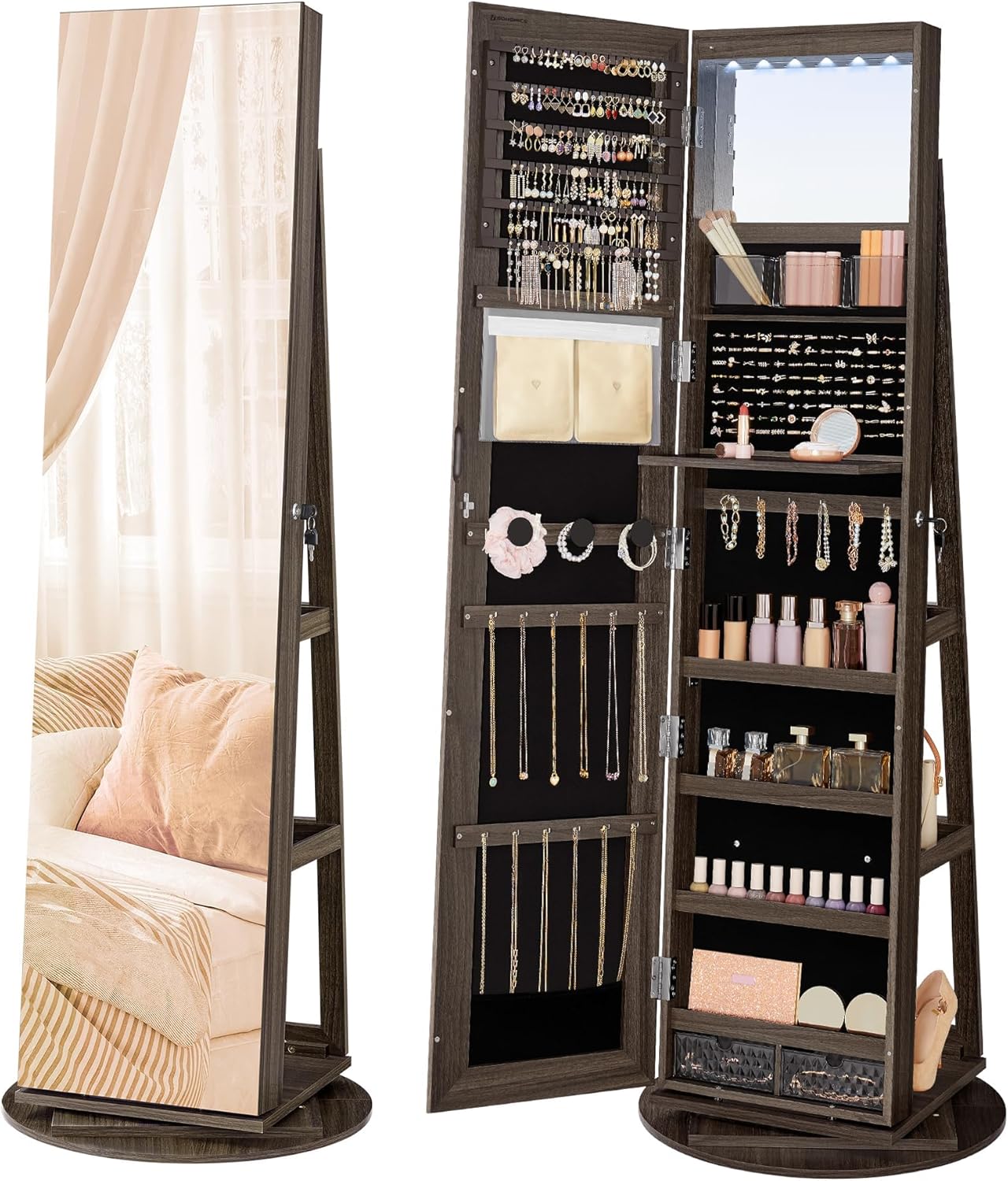 SONGMICS 6 LEDs Lockable Mirror Jewelry Cabinet, 360° Swivel Jewelry Organizer Armoire Standing, Frameless Full-Length Mirror, 3 Storage Shelves, White Surface, Black Lining UJJC007W01