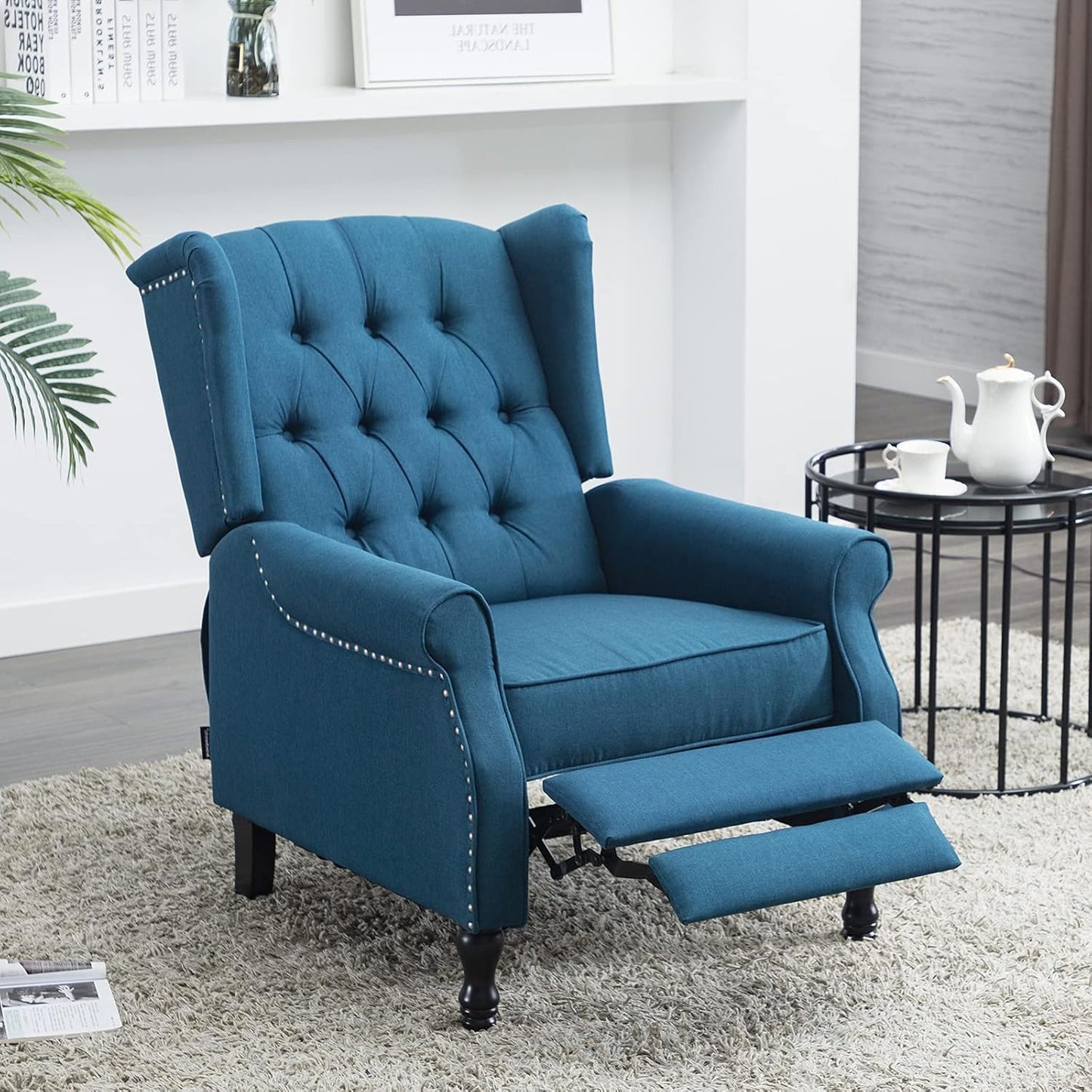 Artechworks Tufted Fabric Push Back Arm Chair Recliner Modern Single Reclining for Adjustable Club Chair Home Theater Padded Seat Living Room Lounge Sofa Blue