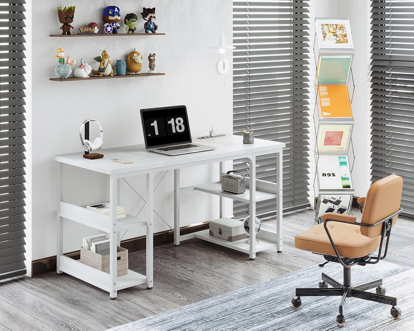AODK 48 Inch Small Computer Desk with Power Outlets & USB Charging Port, Home Table with Storage Shelves, Student Laptop PC Desks for Small Spaces Home Office Writing Desk, Kids Desk, White
