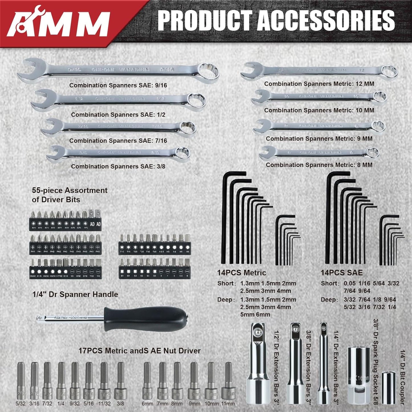 AMM Mechanics Tool Set, 1/4 in, 3/8 in and 1/2 in Drive socket set, 202 Piece