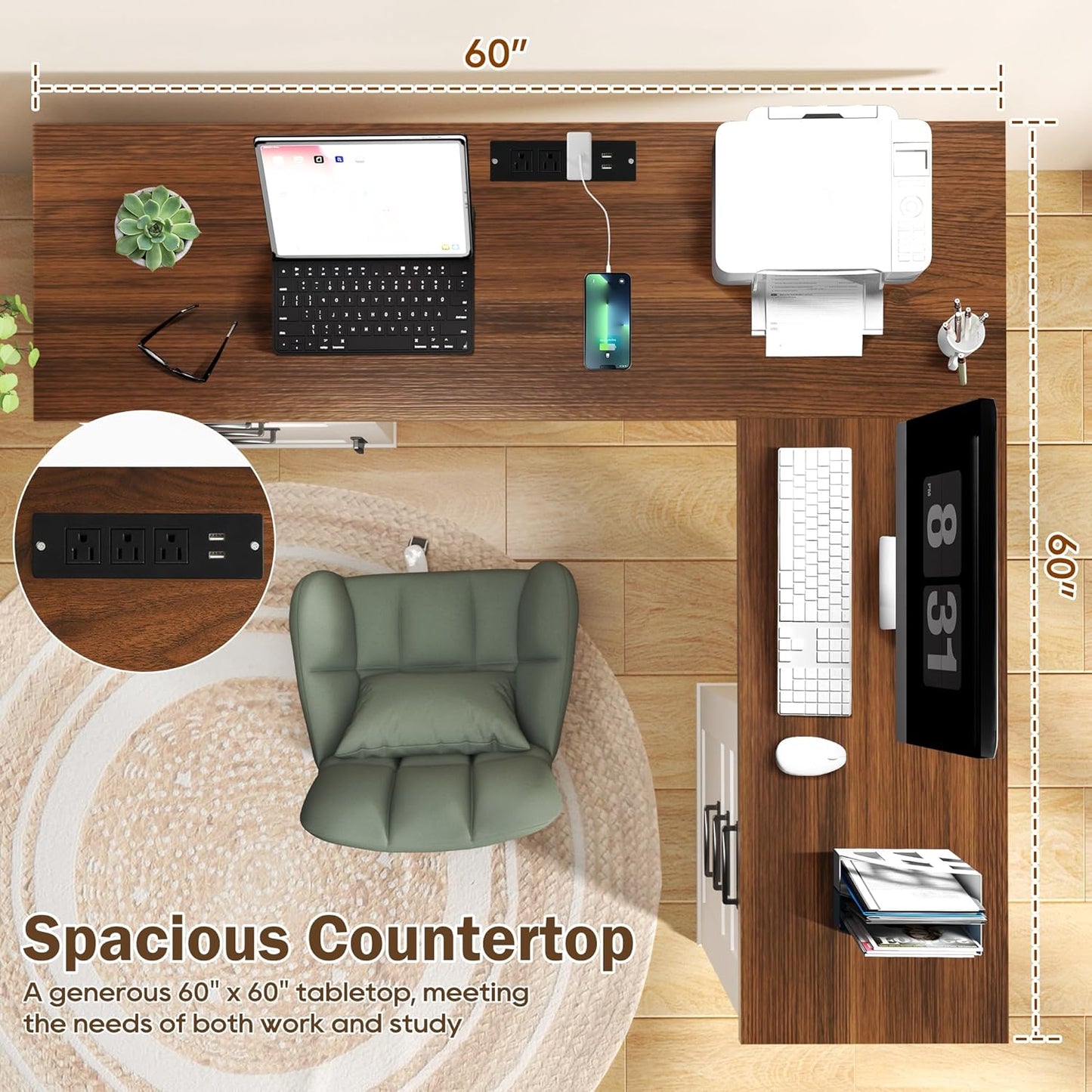 60" L Shaped Executive Desk with Drawers, Farmhouse Home Office Desk with Charging Station, Wood Computer Corner Desk with File Storage Cabinet for Home Office, Work and Study, White