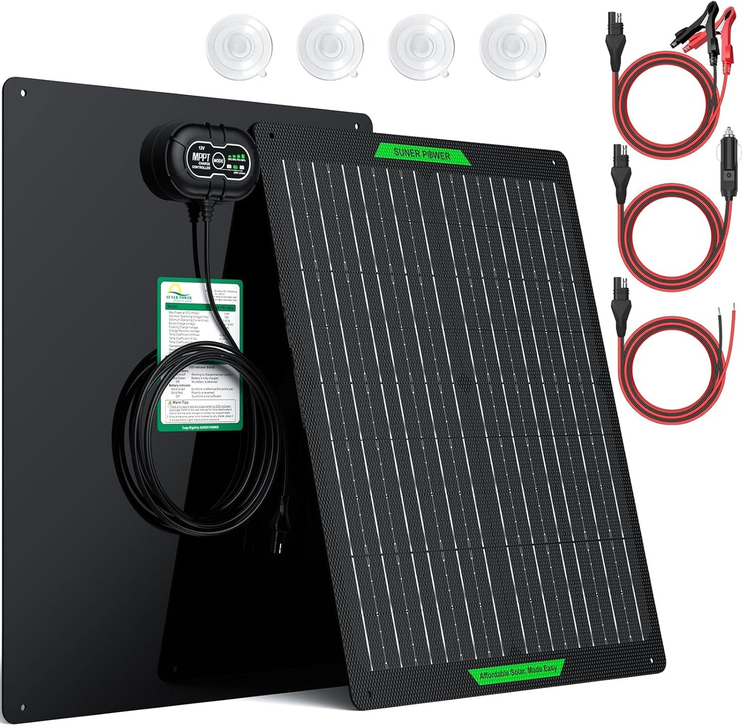 SUNER POWER Waterproof 30W 12V Solar Battery Charger & Maintainer PRO, Built-in UltraSmart MPPT Charge Controller, 12 Volt Solar Panel Trickle Charging Kits for Car Automotive Boat Marine RV Trailer