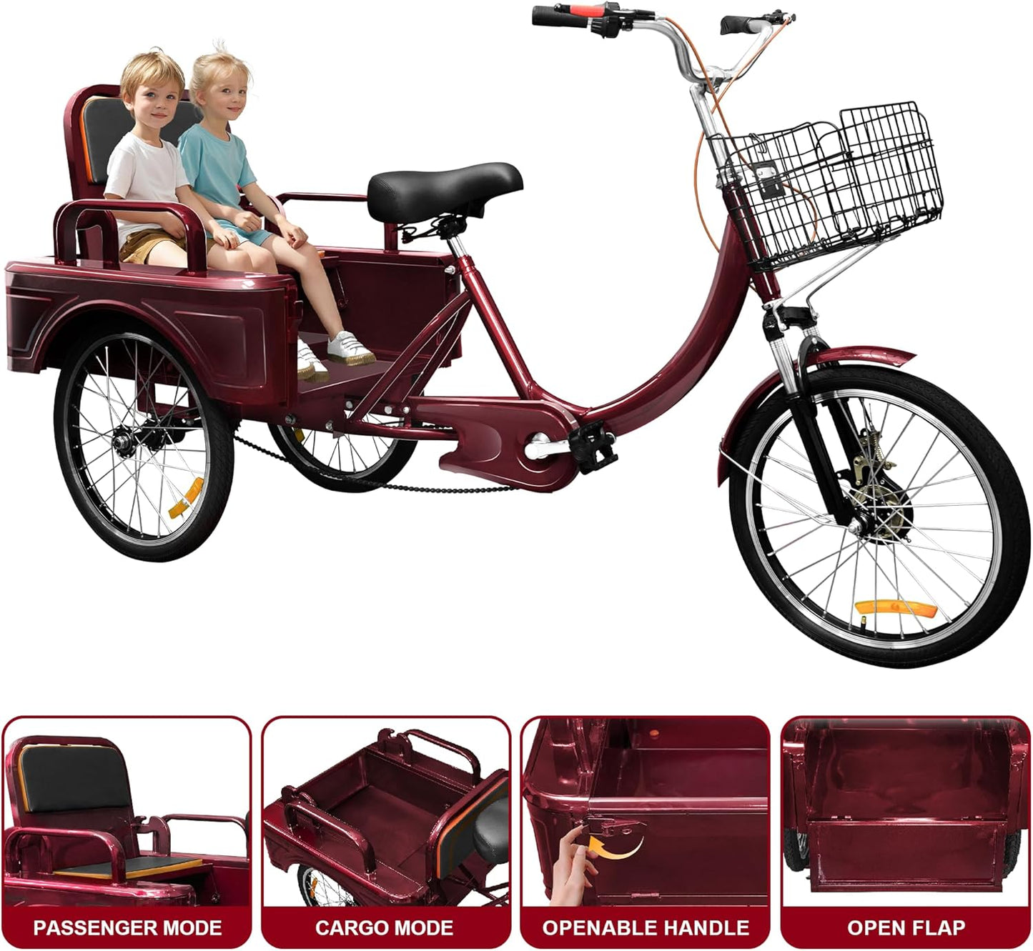 Adult Tricycle, 20 Inch 3-Wheel Bikes Carrying Passengers and Cargo, Trike for Adults with Front Baskets for Women, Seniors, Men, Low Step-Through Cruiser Bike for Cycling, Outing, Picnic