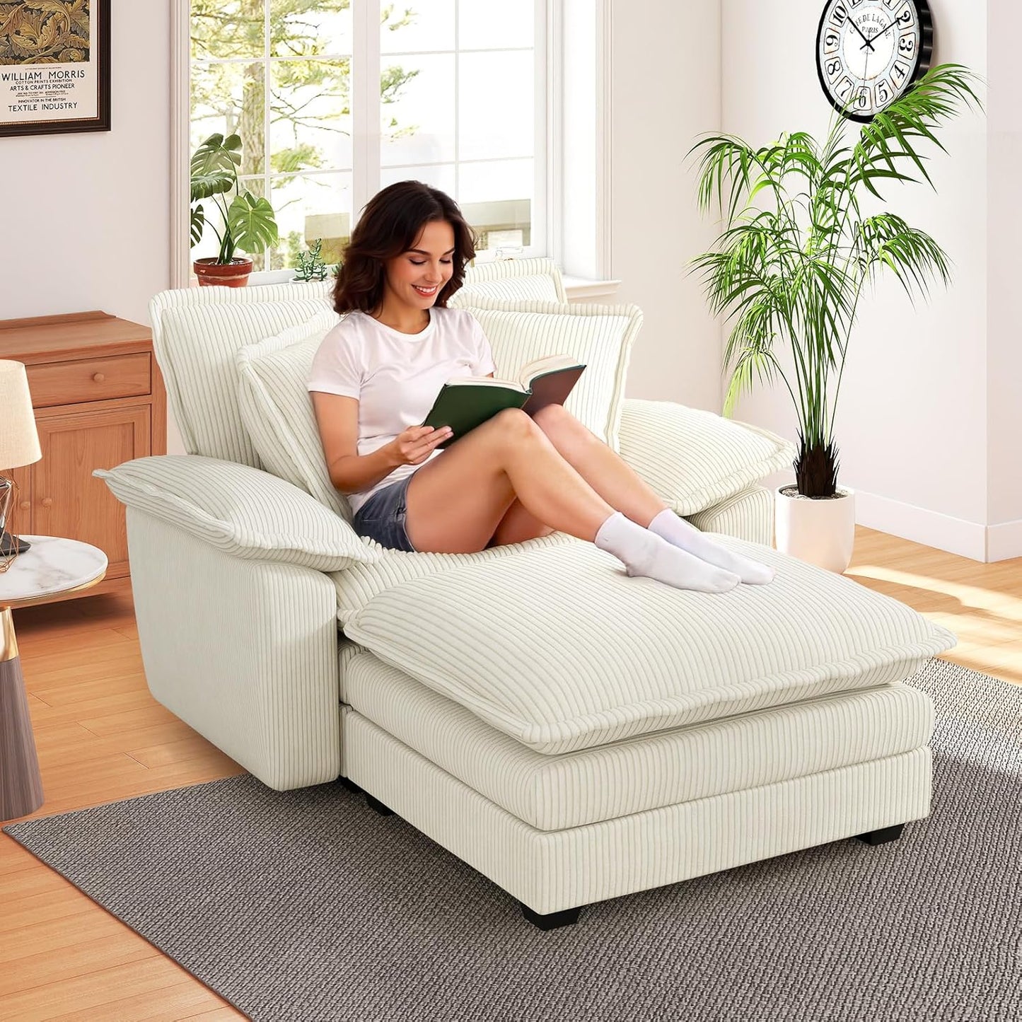 51" Oversized Chaise Lounge Chair Indoor with Storage Ottoman, Upholstered Cloud Accent Chair with Extra Wide Armrests, Comfy Beige Chenille Sleeper Chair for Living Room Bedroom Reading (Black)