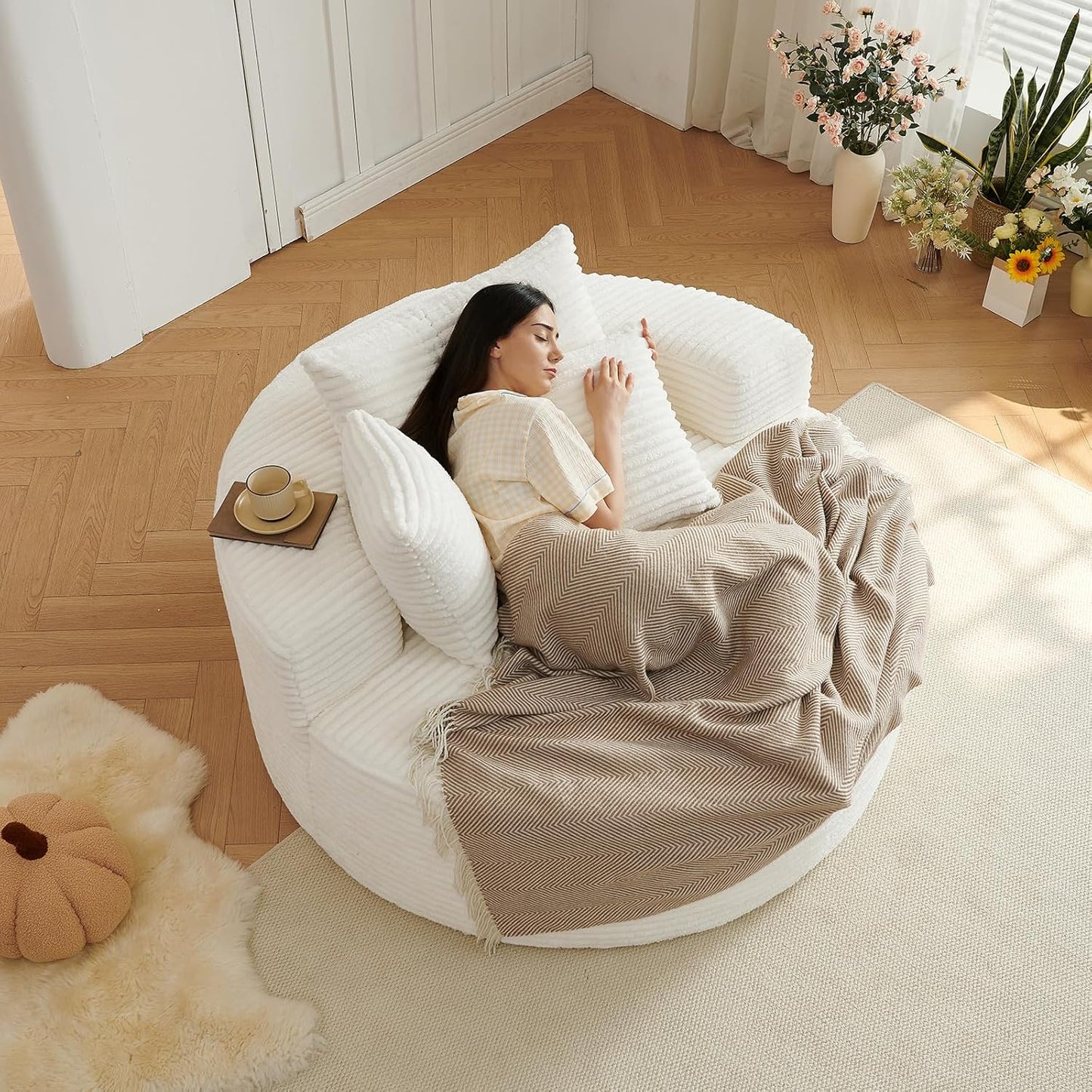 55" L Corduroy Sponge Single Sofa, Oversized Round Chair, Fluffy Modern Sleeper Chairs for Living Room, Lounge and Projection Room, Wide Armrest Lounge Chairs, Armchair with Pillow White