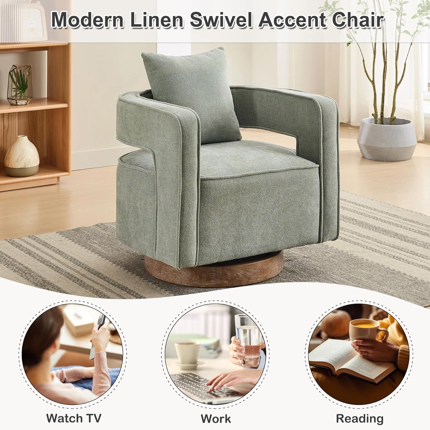 Swivel Accent Chair Set of 2, Modern Swivel Barrel Chair for Living Room, 360 Degree Comfy Square Accent Chair with Open Back, Upholstered Armchair for Bedroom,Reading, Linen Blend, Pale Green