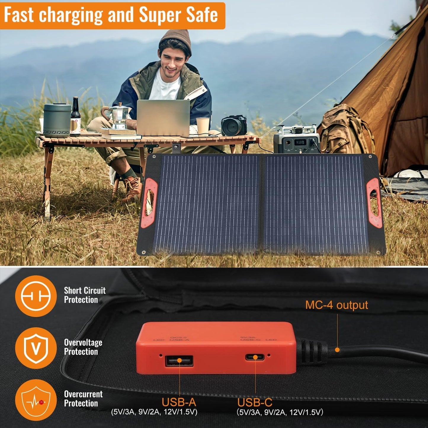 100W Foldable Solar Panel - Charger for Power Stations | Monocrystalline 23.5% High Efficiency QC3.0 USB-A/USB-C Output | IP65 Waterproof | Portable for Camping, RV, Emergency Blackout