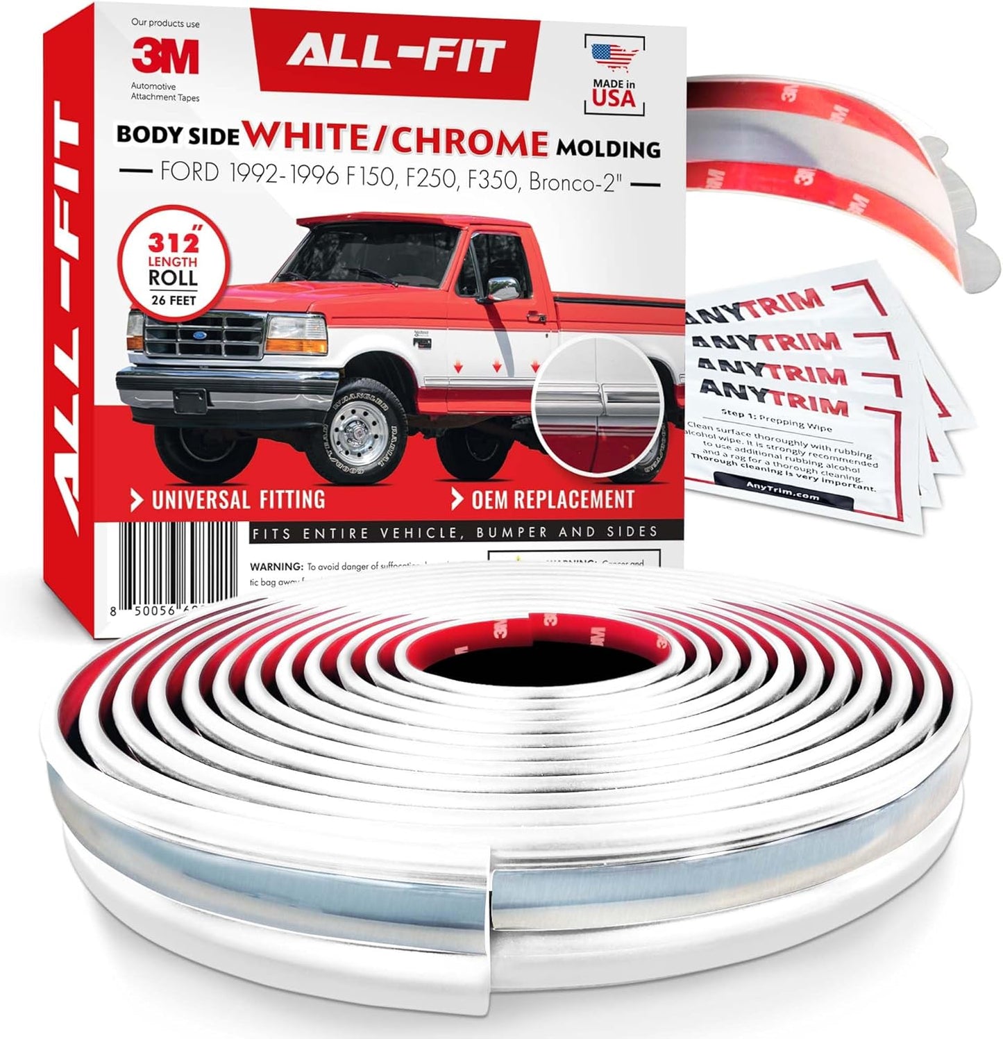 All-Fit Automotive Replacement Old Style Body Side Molding (2") – OEM Grade Black and Chrome Trim Fits 1992–1997 Ford F150, F250, F350 & Bronco OBS – Easy to Install Truck Accessories (26 Ft Roll)