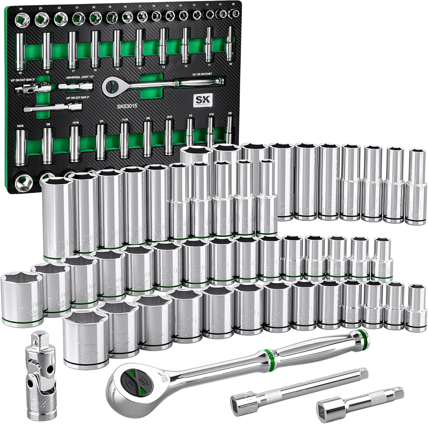 SK 1/2" Drive Socket Set with 160-P Ratchet, 52-Piece, SAE & Metric, SuperKrome Finish, Premium CR-V Construction, with EVA Foam Tool Organizer