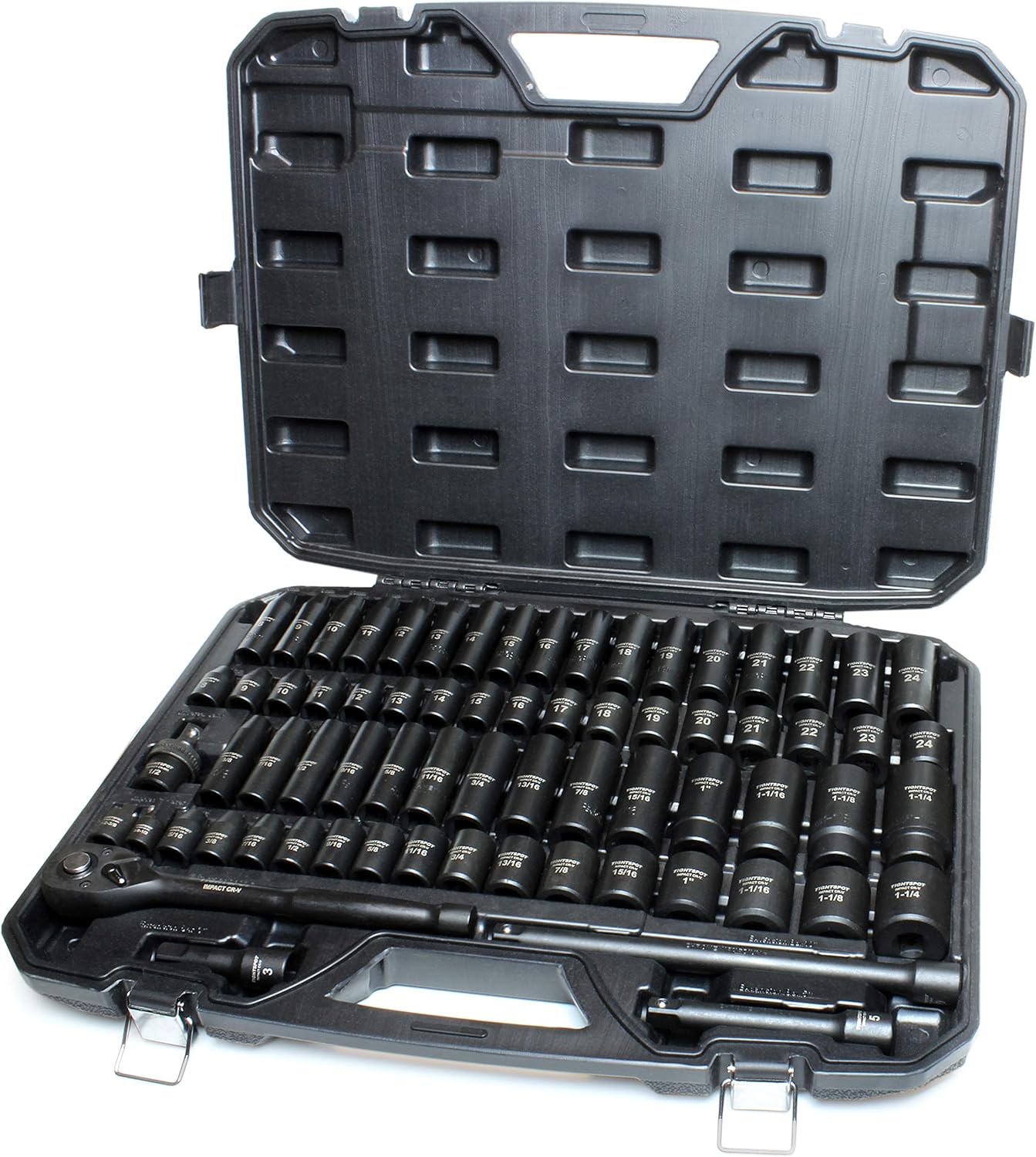 TIGHTSPOT 1/4" Drive 80pc Impact Socket MASTER SET, our Most Complete Set Ever with SAE & Metric from 3/16 Inch - 9/16 Inch, 4mm - 15mm, Standard/Deep/Universal & Torx & Inverted Torx Sockets & More