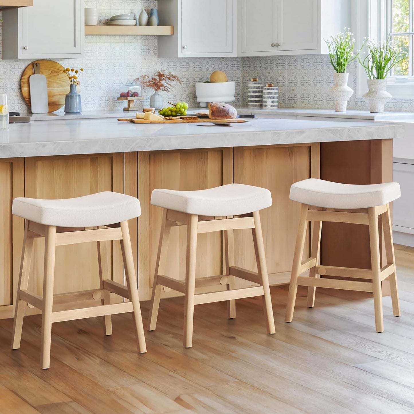 Bar Stools Set of 3, Barstools with Sturdy Wood Legs, Saddle Seat Counter Height Bar Stools for Kitchen Counter, Bar, Dining, 24 Inch Farmhouse Counter Stools, Antique White Leather