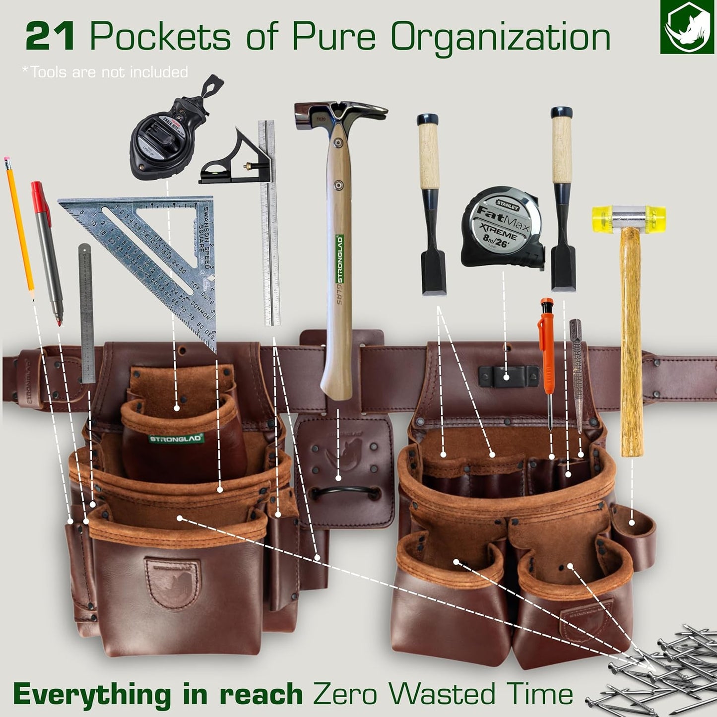 STRONGLAD Tool Belt - Framing Tool Belt for Carpenters - Tool Belts for Men - Carpenter Pouches for Construction - 21 Pockets, Oil-Tanned Full-Grain Leather T800