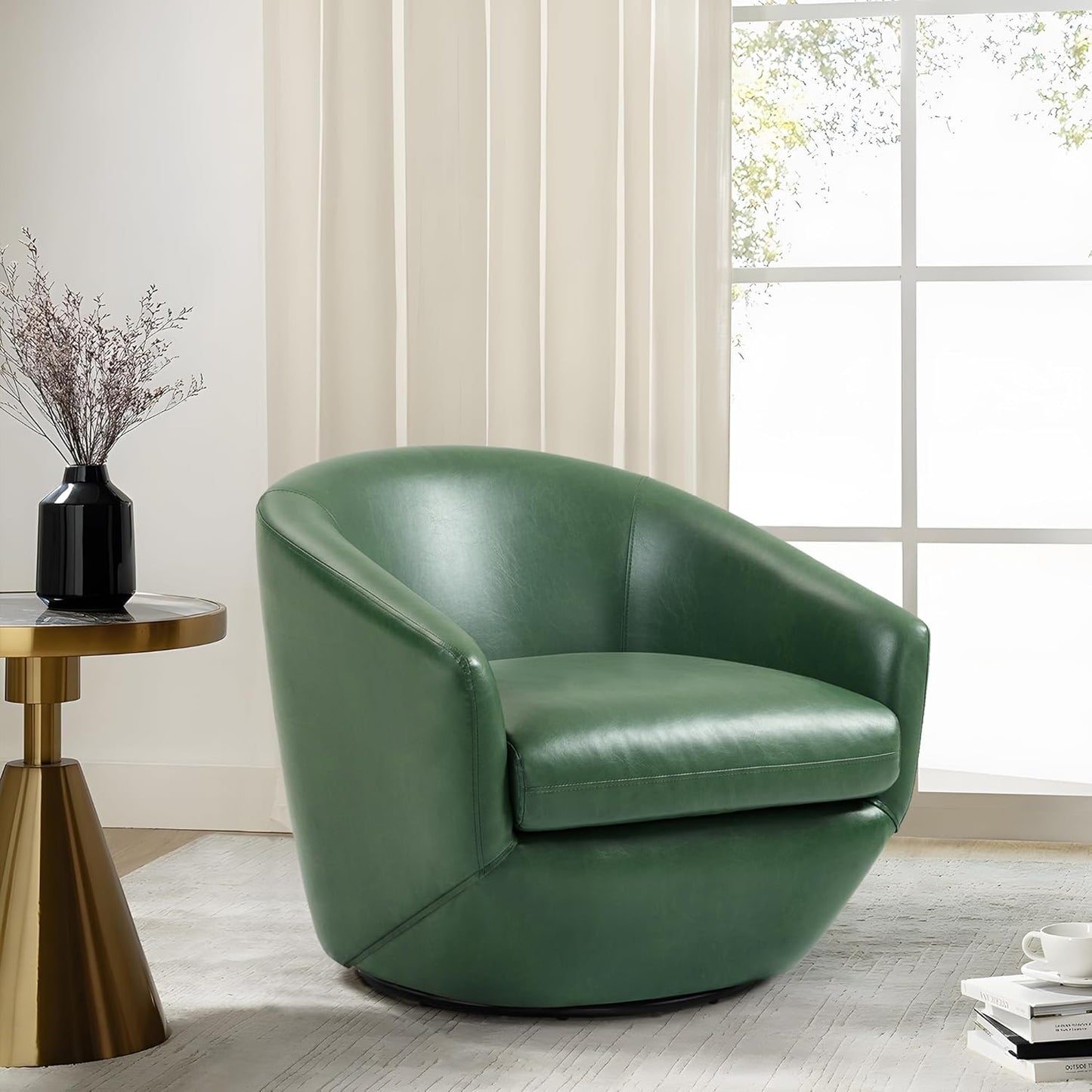 Swivel Barrel Chair, Modern Round PU Leather Accent Armchair for Living Room, Bedroom, Oversized Comfy Club Reading Chairs for Adults (Leather Red Brown, Set of 1)