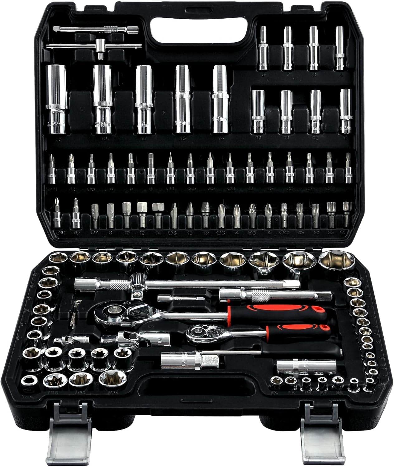 108 Piece Mechanics Tool Set Metric And Standard 1/4" & 1/2" Socket Set, Ratchet Set, Universal Joint, Extension Bars, Quick Release Reversible Ratchet Wrench, Plastic Toolbox Storage