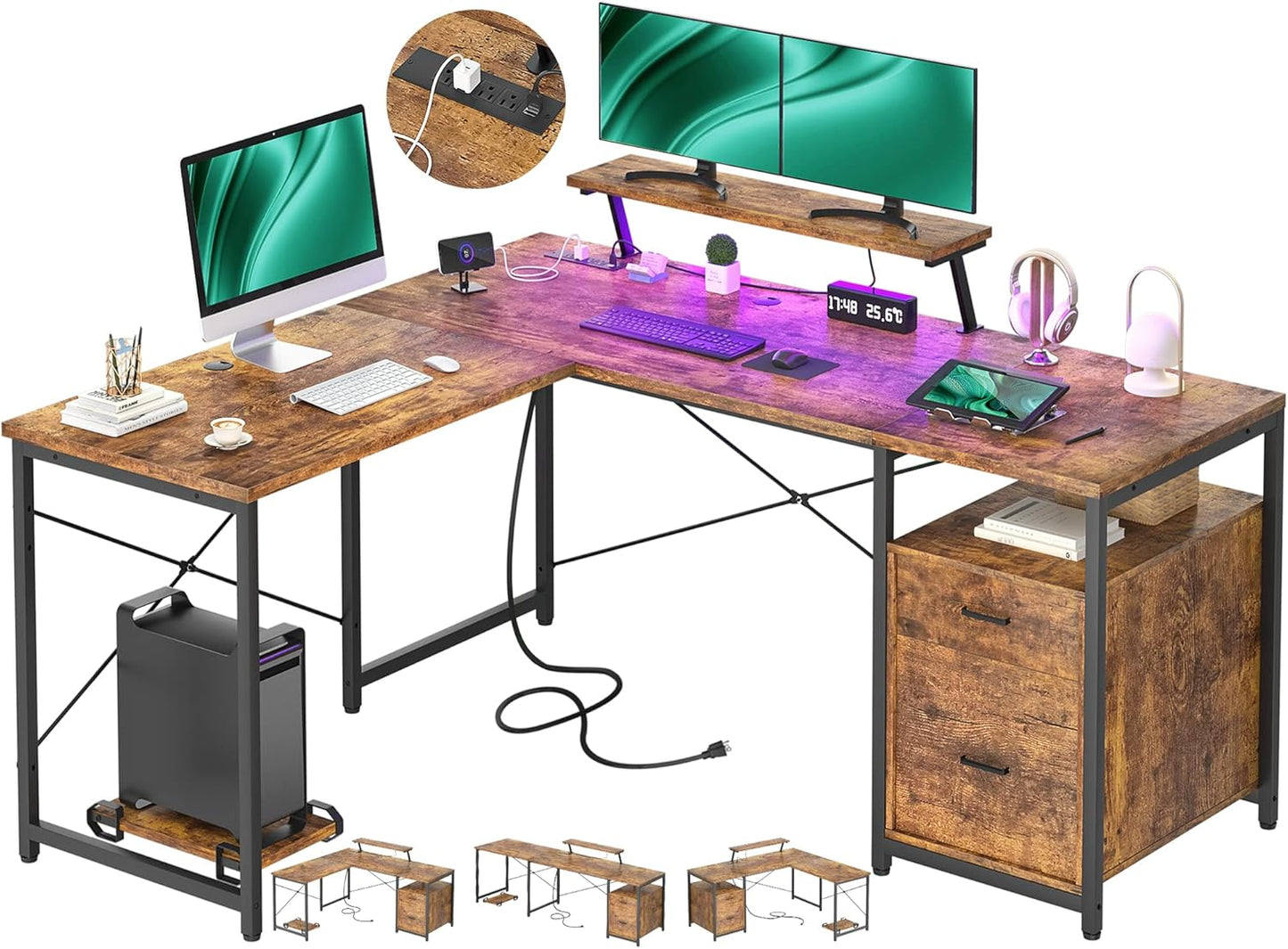 Unikito L Shaped Desk with File Drawer, Reversible L Shaped Computer Desk with Power Outlet & LED Lights, Home Office Desk Corner Desk with Monitor Shelf and Printer Cabinet, Gaming Desk, Black