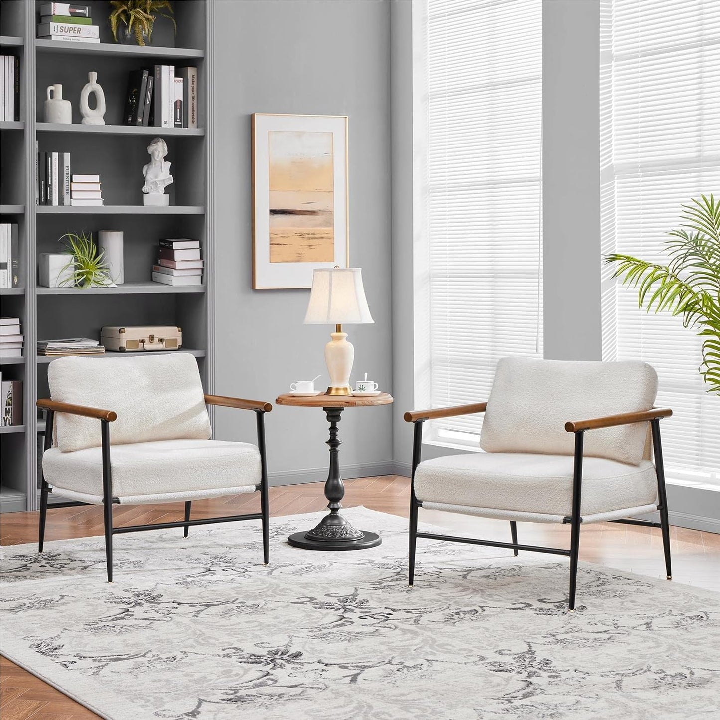 Topeakmart Mid-Century Boucle Accent Chair, Reading Chair with Stylish Boucle Fabric, Lounge Chair with Ultra-Long Armrest and Extra-Wide Seat for Living Room Lounge Office, Ivory, 2PCS