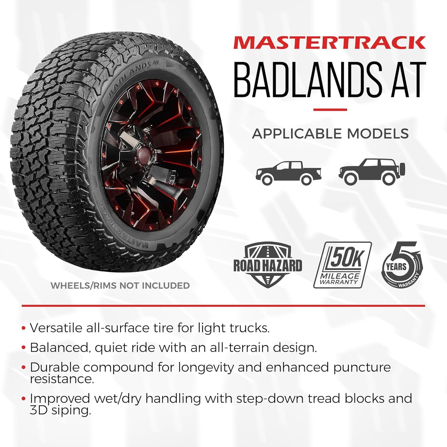 4-Pack: Mastertrack BADLANDS AT LT275/65R18 All-Terrain Tire for Light Truck & SUV | 10-Ply E (Load Range E) | 123/120S | Includes Road Hazard Warranty -275/65-18(Tire Only)