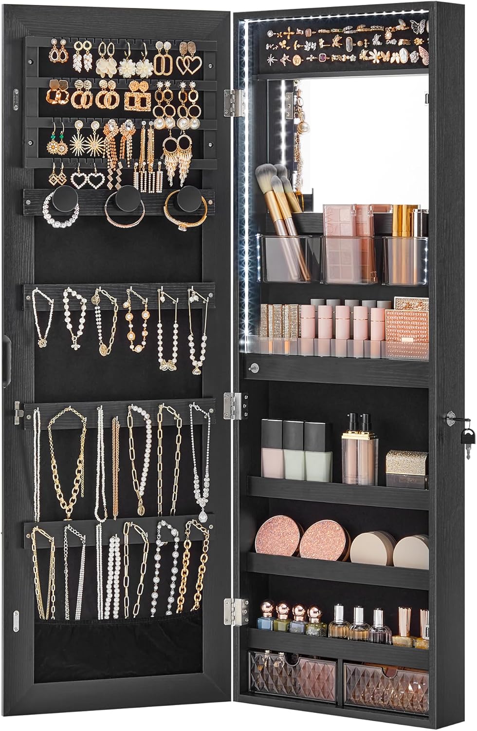 SONGMICS Mirror Jewelry Cabinet Armoire Organizer, Wall or Door Mount Storage Cabinet with Full-Length Frameless Lighted Mirror, Built-in Makeup Mirror, 2 Drawers, Lockable, White UJJC013W01