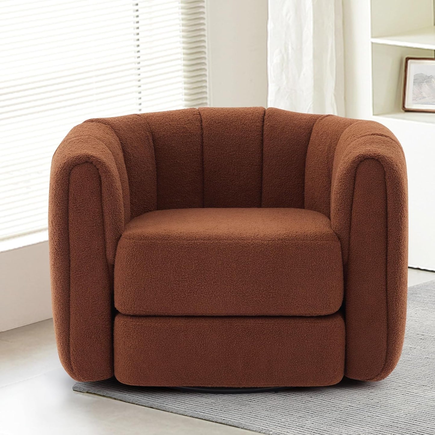 SUNWAVE Swivel Accent Chair Set of 2, 360-degree Swivel Barrel Chair with Teddy Upholstery, Comfy Pumpkin-Shaped Accent Chair for Living Room, Bedroom, or Office (2, Brown, 37")