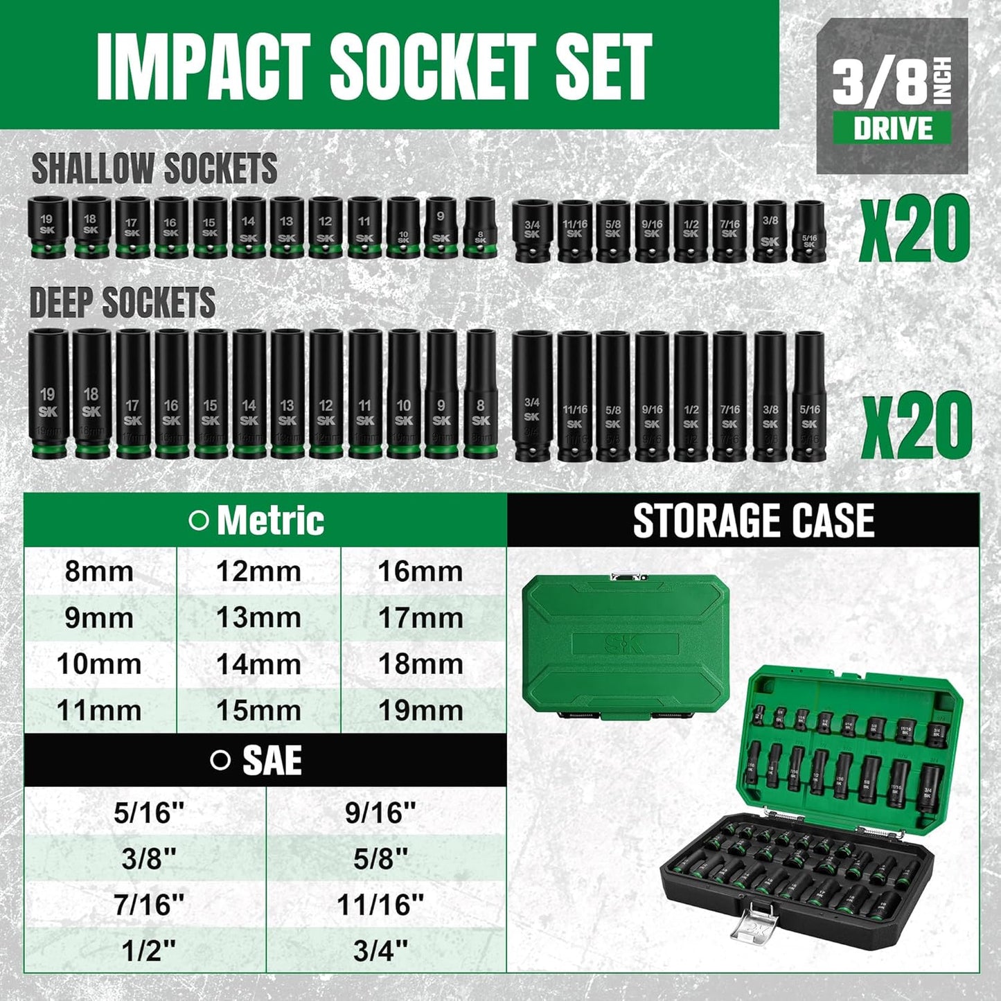 SK 3/8" Drive Impact Socket Set, 40-Piece Deep & Shallow Sockets, Metric 8 to 19mm, SAE 5/16″ to 3/4″, Premium CR-MO Steel, SureGrip 6 Point Design, With Storage Case