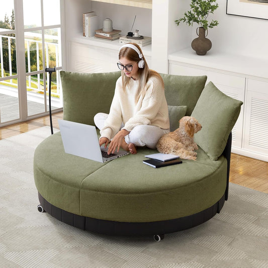 SLEERWAY Oversized Round Swivel Accent Chair, Large Circle Barrel Chair and A Half, Comfy Upholstered Lazy Sofa Couch with Phone Stand/Wheels, Chaise Lounge Daybed for Living Room, Bedroom, Green