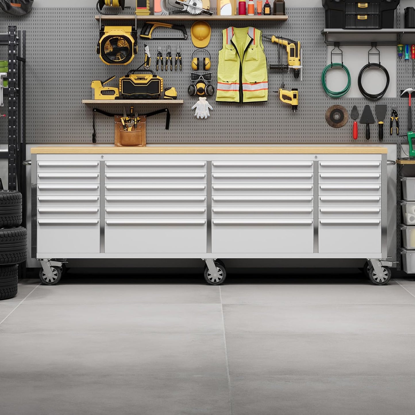 61 Inch Tool Chest, Tool Cabinet with 9 Drawers, Mobile Storage Cabinet with Locking System, Stainless Steel Material and Sturdy Structure, High Capacity for Home Workshop Kitchen and Garage.