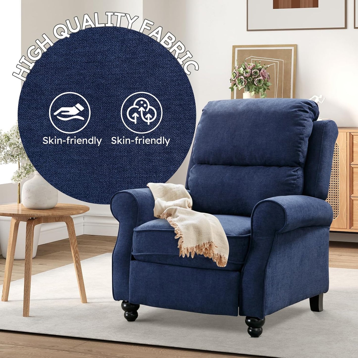 Bonzy Home Pushback Recliner Chair Set of 2, Push Back Reclining Chair with Padded Seat, Comfy Fabric Recliner for Living Room Bedroom Home Theater, Navy Blue