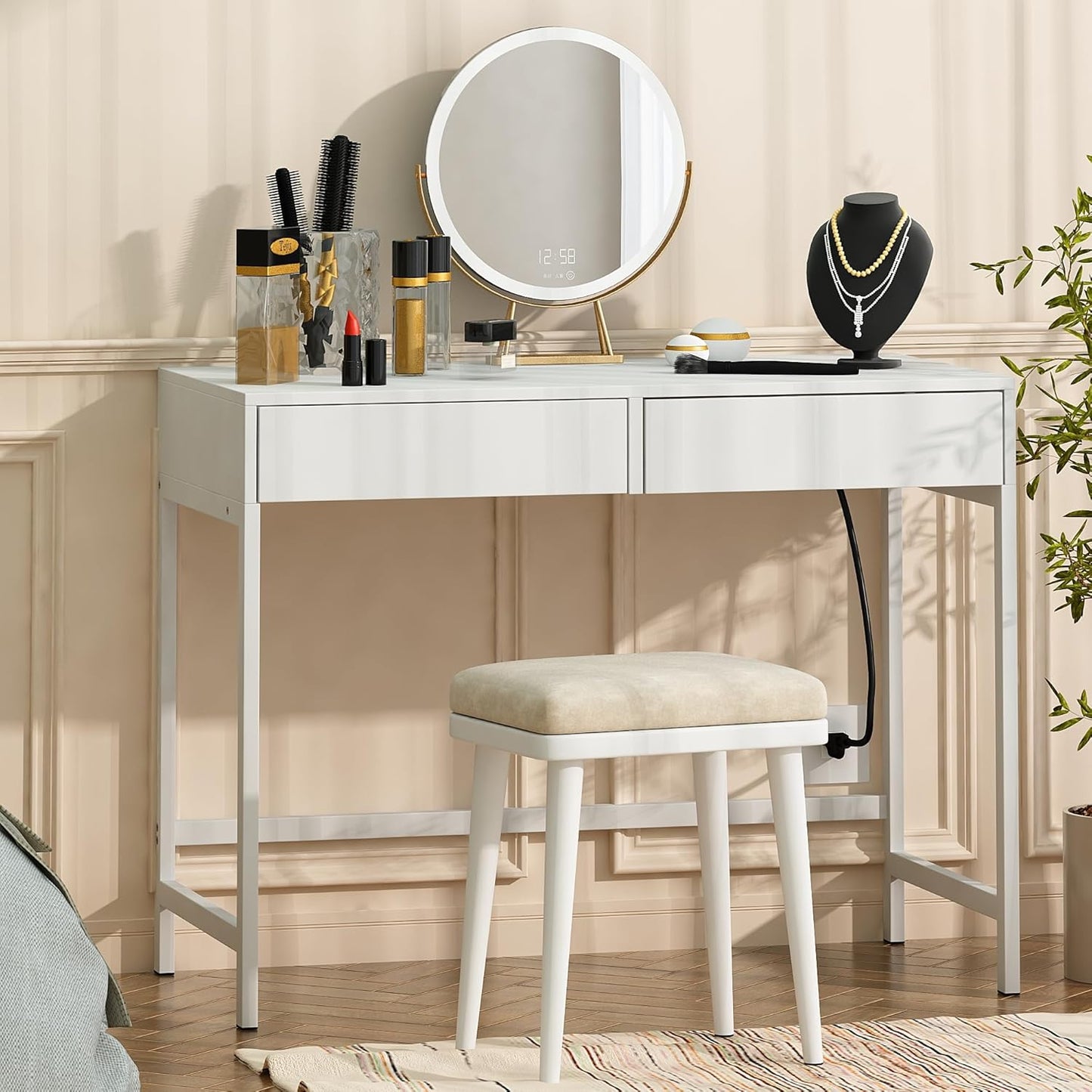Treocho Computer Desk with USB Charging Ports and Power Outlets, Modern Simple 40 inch White Desk with 2 Drawers, Vanity Desk, Makeup Table for Home Office, Bedroom
