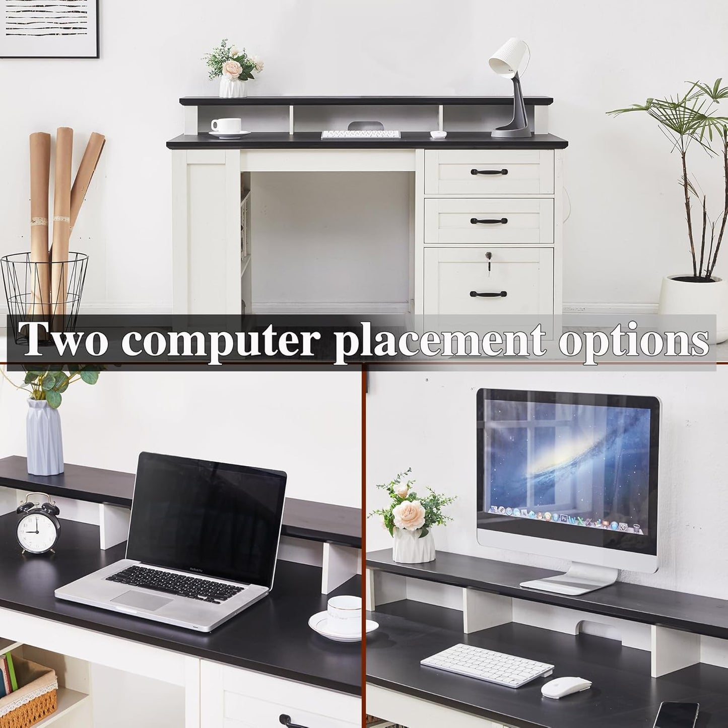 55" Farmhouse Executive Desk with Charging Station,Home Office Desk with 2 Drawers,Lockable File Cabinet and Side Bookshelf,Farmhouse Computer Desk with Monitor Stand