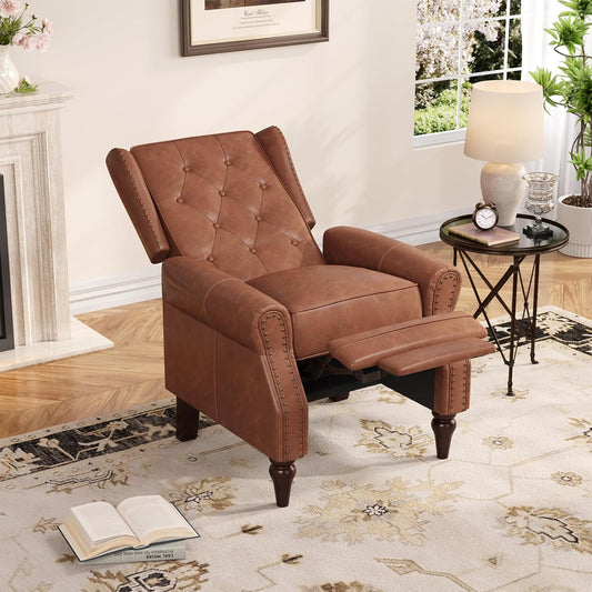 Small Recliner Chair, Modern Faux Leather Living Room Chairs with Tufted Buttons and Metal Rivets, Wingback Recliner with Wooden Legs, Comfy Pushback Arm Chair for Living Room, Bedroom, Matt Brown