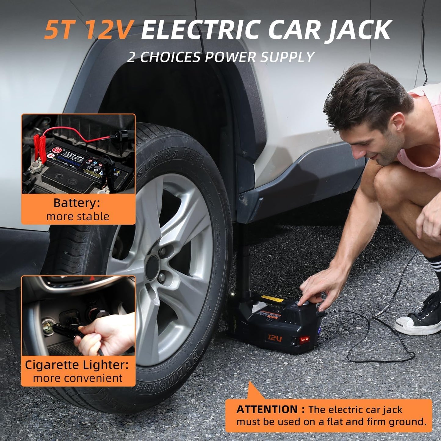 STANDTALL Electric Car Jack Quick Lifting Safe and Portable with Tire Inflator and LED Light Complete Set of Accessories 12V Hydraulic Floor Jack