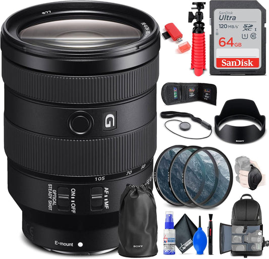 Sony FE 24-105mm f/4 G OSS Lens (SEL24105G/2) + Filter Kit + Backpack + 64GB Card + Card Reader + Flex Tripod + Memory Wallet + Lens Cap Keeper + Cleaning Kit + Hand Strap + More (Renewed)