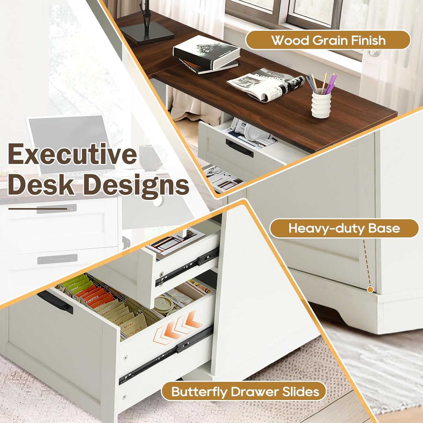 60" L Shaped Executive Desk with Drawers, Farmhouse Home Office Desk with Charging Station, Wood Computer Corner Desk with File Storage Cabinet for Home Office, Work and Study, White