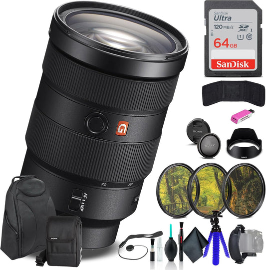 Sony FE 24–70mm F2.8 GM Standard Zoom Lens (SEL2470GM) – Full-Frame E-Mount | G Master Optics | Bright Constant F2.8 Aperture | Filter Kit, Backpack, 64GB Card, Flex Tripod, Cap Keeper and More