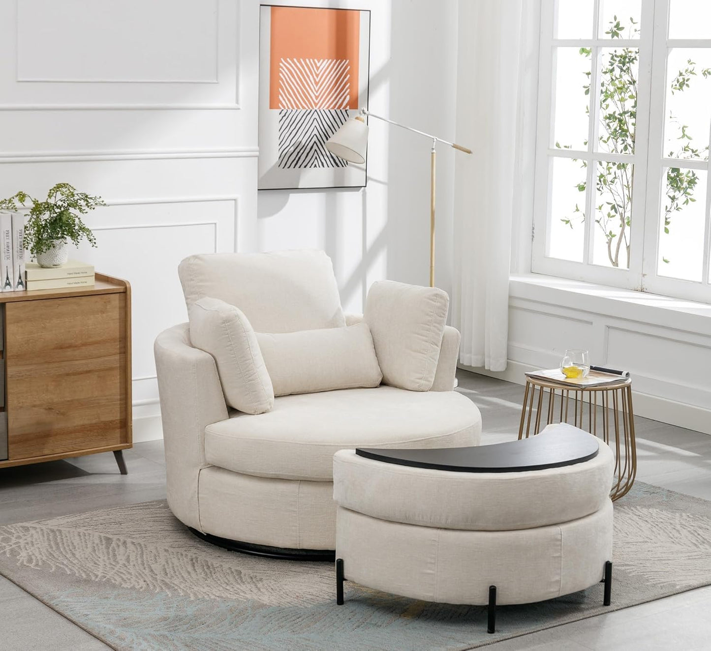 42" W Swivel Accent Barrel Chair Set Lounge Club Big Round Sofa with 4 Pillows for Living Room, Bedroom, Study, Hotel (Beige + Chenille)