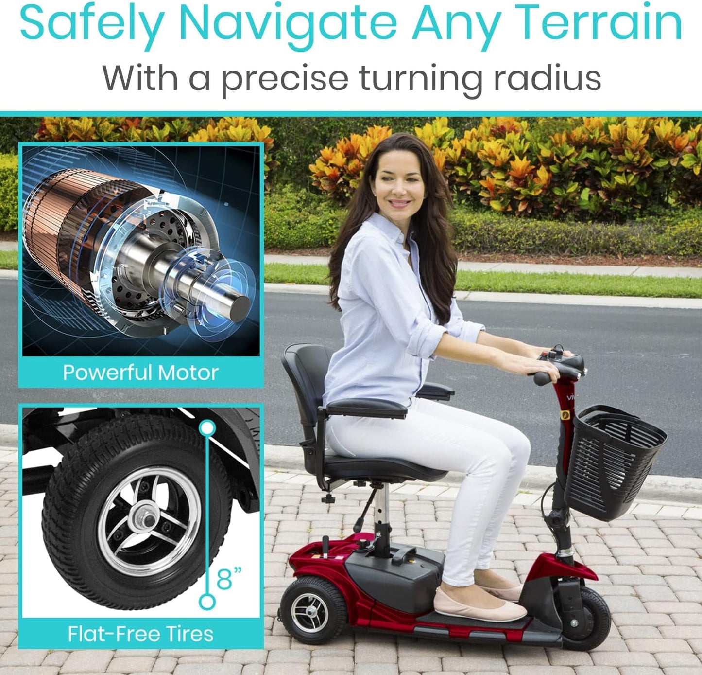 Vive 3 Wheel Mobility Scooter - Electric Powered Mobile Wheelchair Device for Adults - Folding, Collapsible and Compact for Travel - Long Range Power Extended Battery with Charger and Basket Included