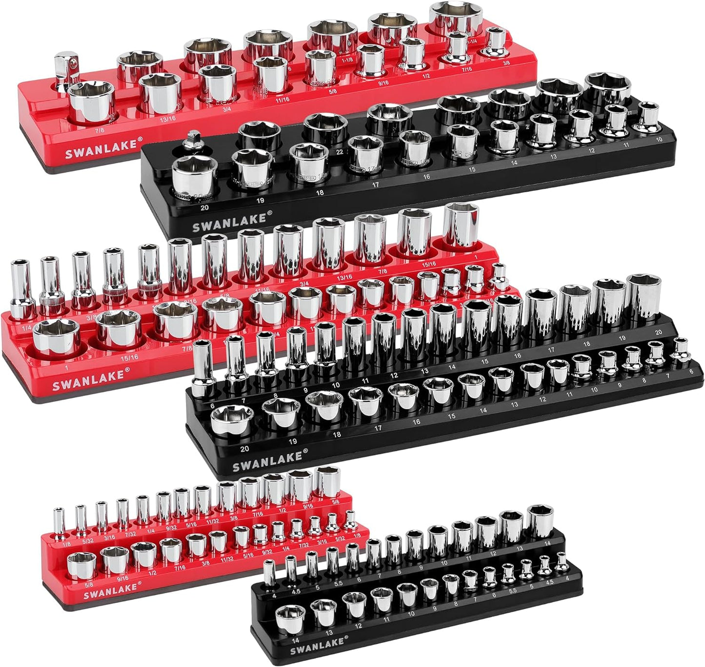 SWANLAKE Magnetic Socket Organizer Set, 1/4", 3/8", 1/2" Sockets Holds 286 Pieces Magnetic Socket Trays (Blue&red&black&green, 12 Pcs)