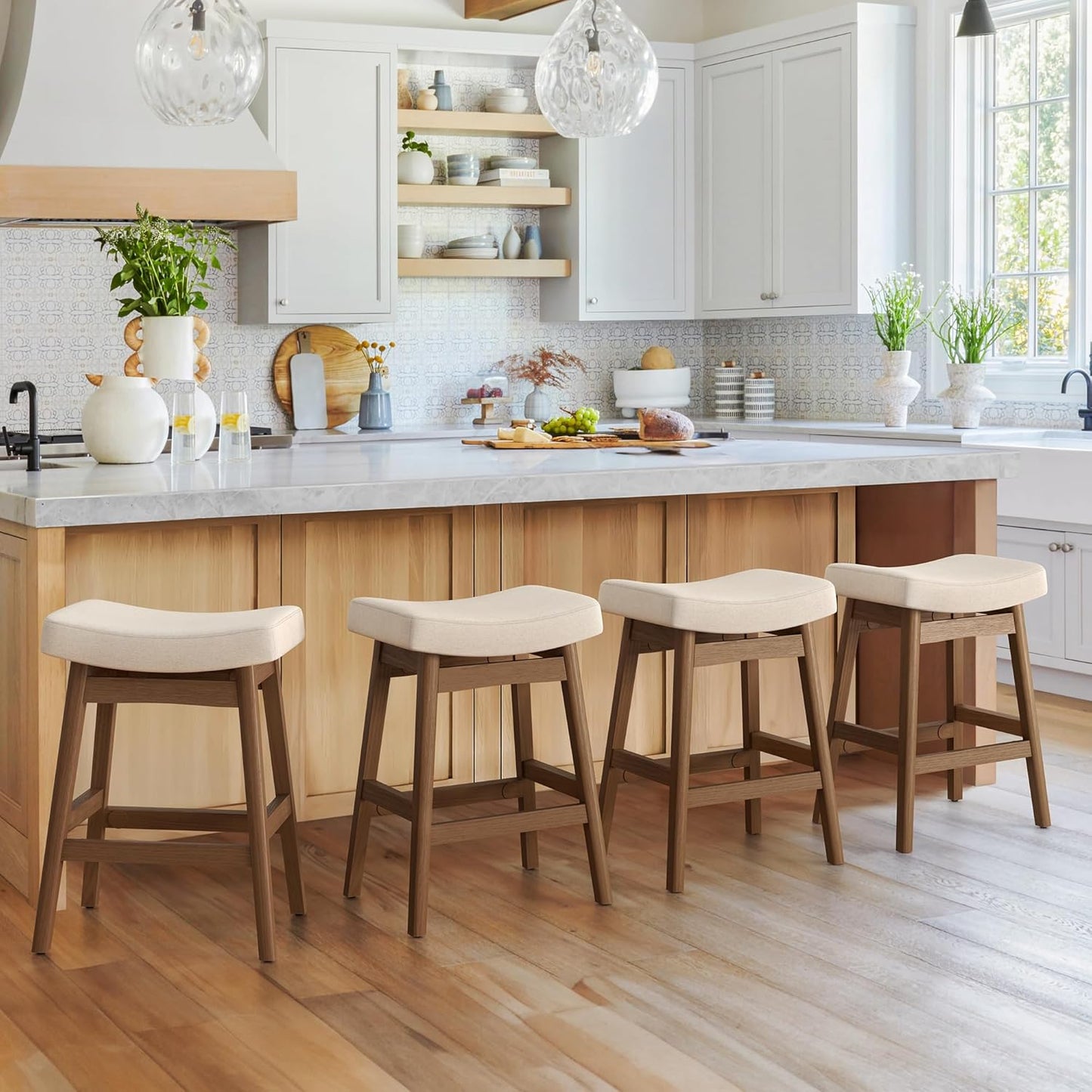 Bar Stools Set of 3, Barstools with Sturdy Wood Legs, Saddle Seat Counter Height Bar Stools for Kitchen Counter, Bar, Dining, 24 Inch Farmhouse Counter Stools, Antique White Leather