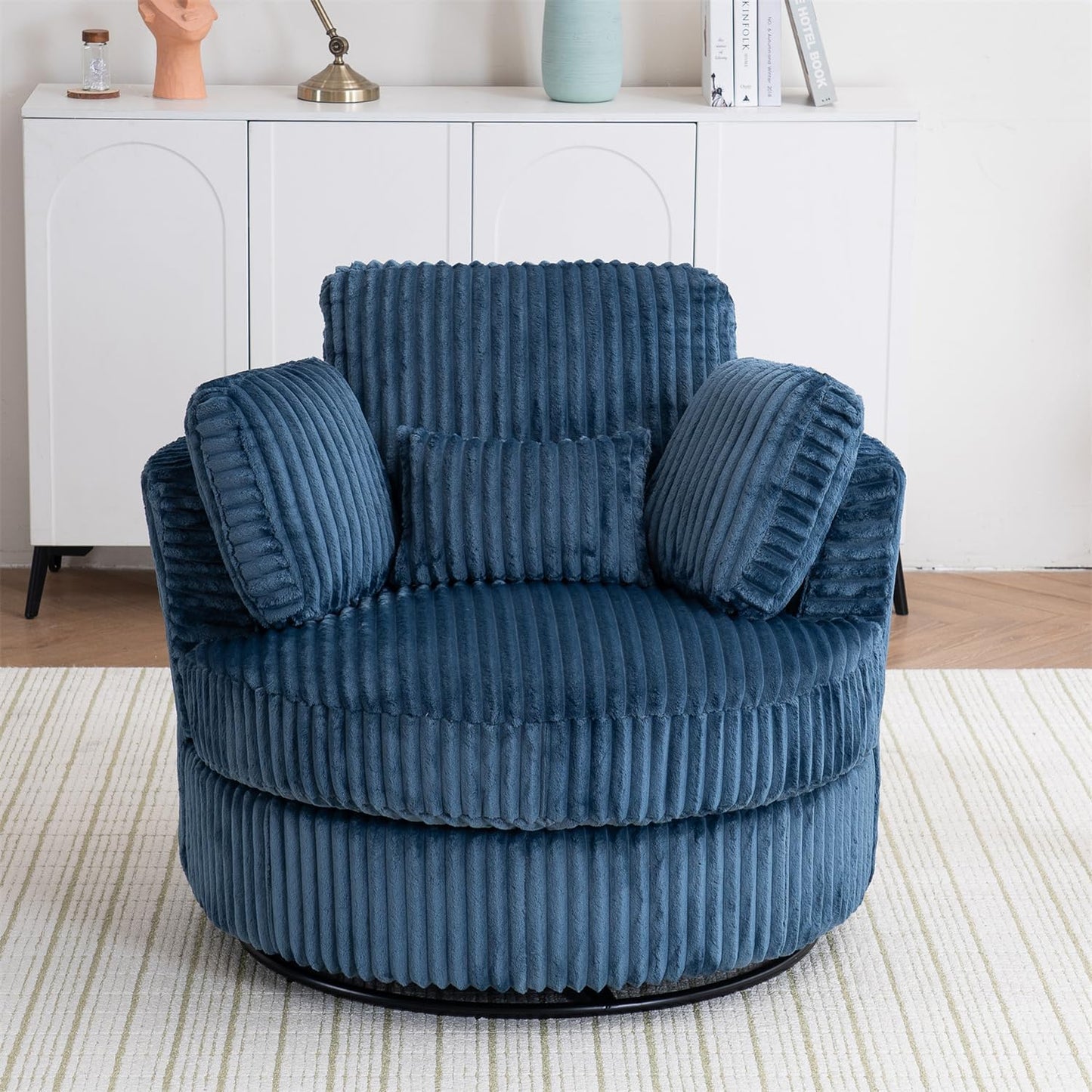Swivel Barrel Chair with Pillows and Cushions,Corduroy Round Chair with Metal Base for Living Room (White)