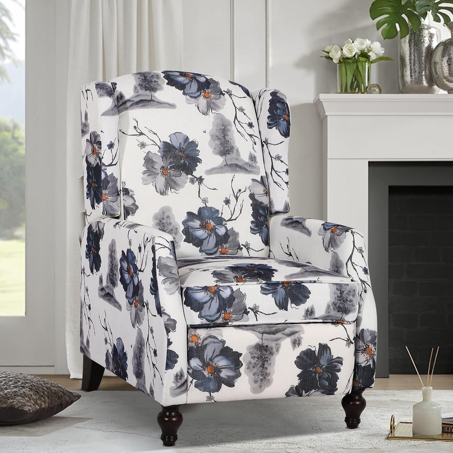 Wingback Recliner Chair - Tufted Arm Chair Recliner - Fabric Push Back Single Sofa for Living Room Adjustable Backrest (Pair, Blue Floral)