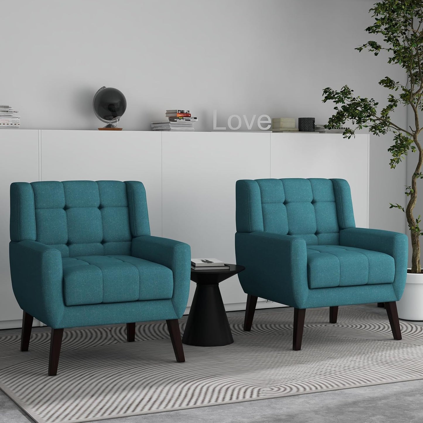 Accent Chairs Set of 2, Modern Fabric Upholstered Armchairs for Living Room, Comfy Arm Chairs Tufted Back and Solid Wood Legs for Bedroom Office Room (Light Blue)