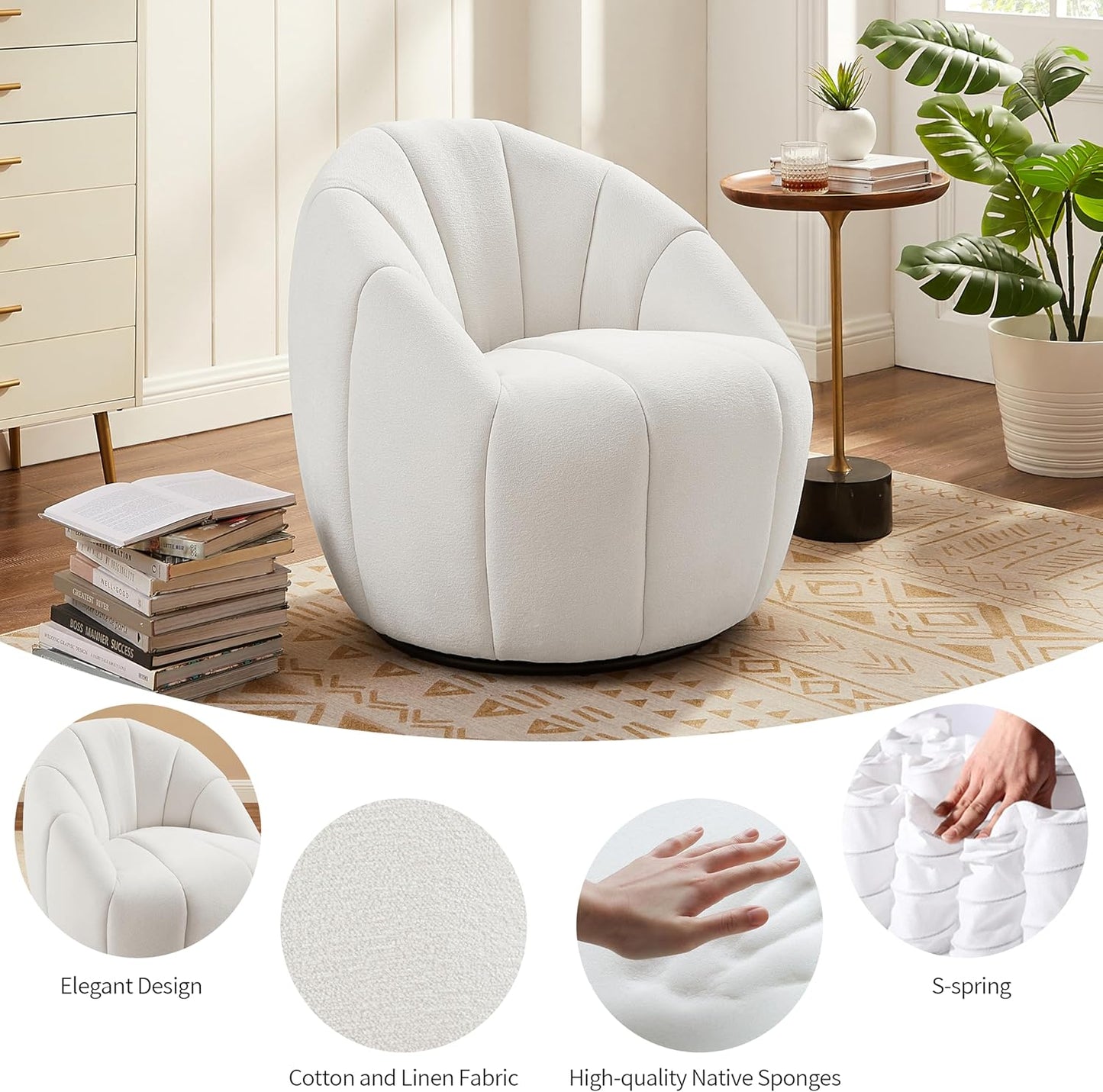 Art Leon Swivel Accent Chair, Modern Fabric Upholstered Barrel Chair, Round Comfy Armchair with Metal Base for Living Room Bedroom, Off White