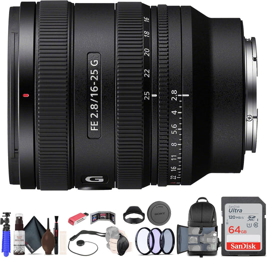 Sony FE 16-25mm f/2.8 G Lens E Mount + 64GB Memory Card + Filter Kit + Backpack + Flexible Tripod + Cap Keeper + Cleaning Kit +More