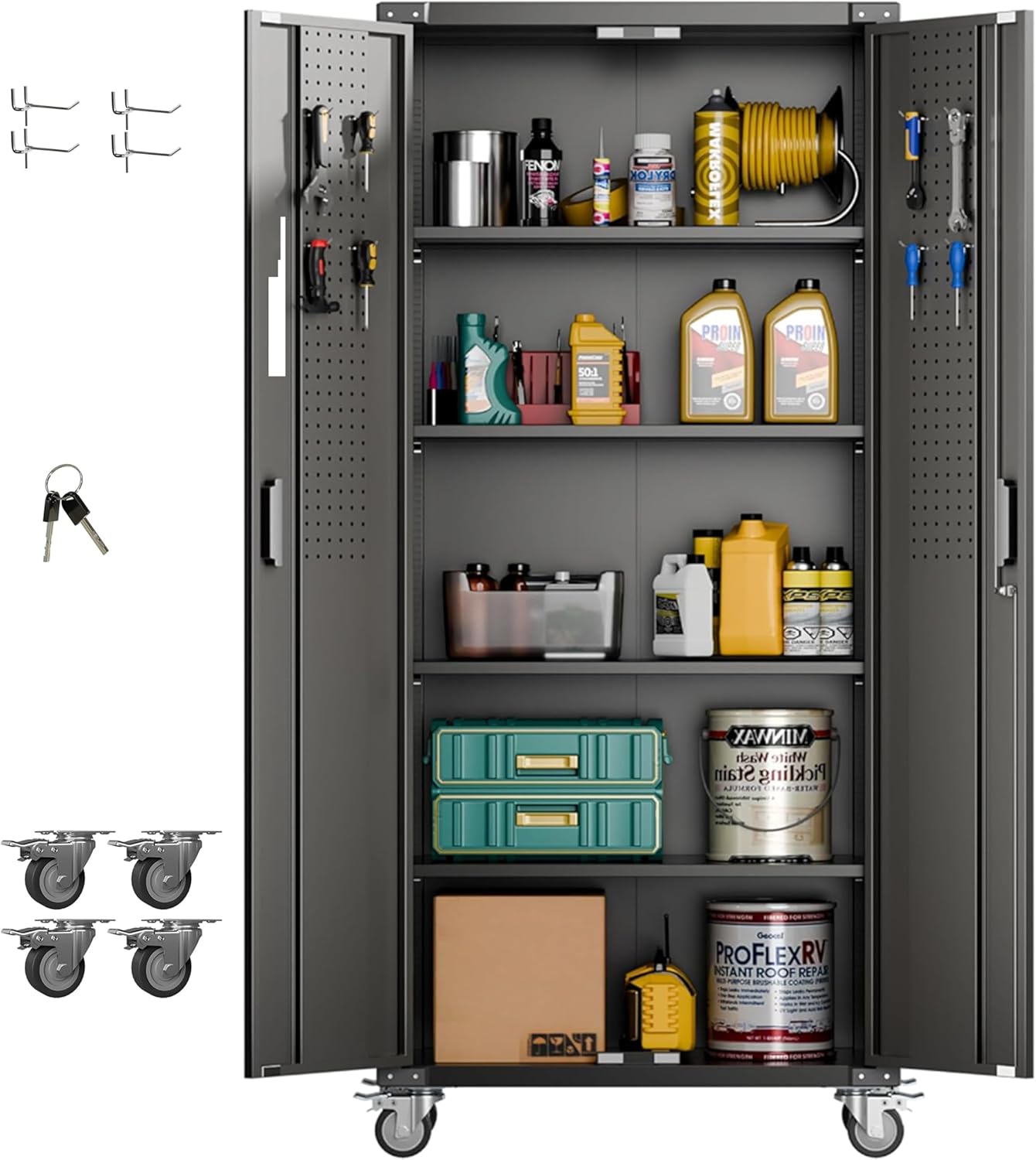 Aobabo Garage Storage Cabinet with Door Pegboard,Lockable Metal Storage Cabinet with 5 Adjustable Shelves for Garage Home,Required Assembly,Black