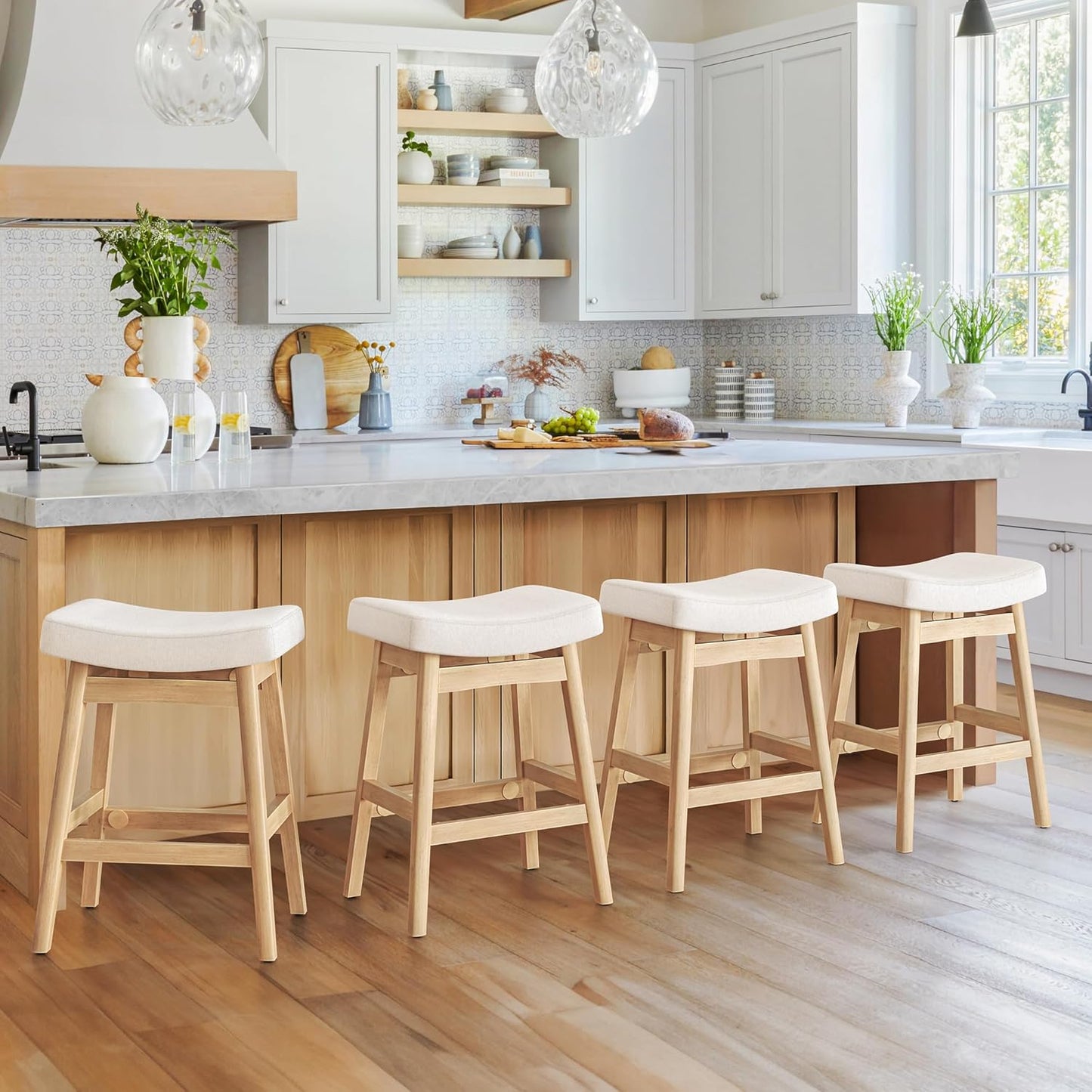 Bar Stools Set of 3, Barstools with Sturdy Wood Legs, Saddle Seat Counter Height Bar Stools for Kitchen Counter, Bar, Dining, 24 Inch Farmhouse Counter Stools, Antique White Leather